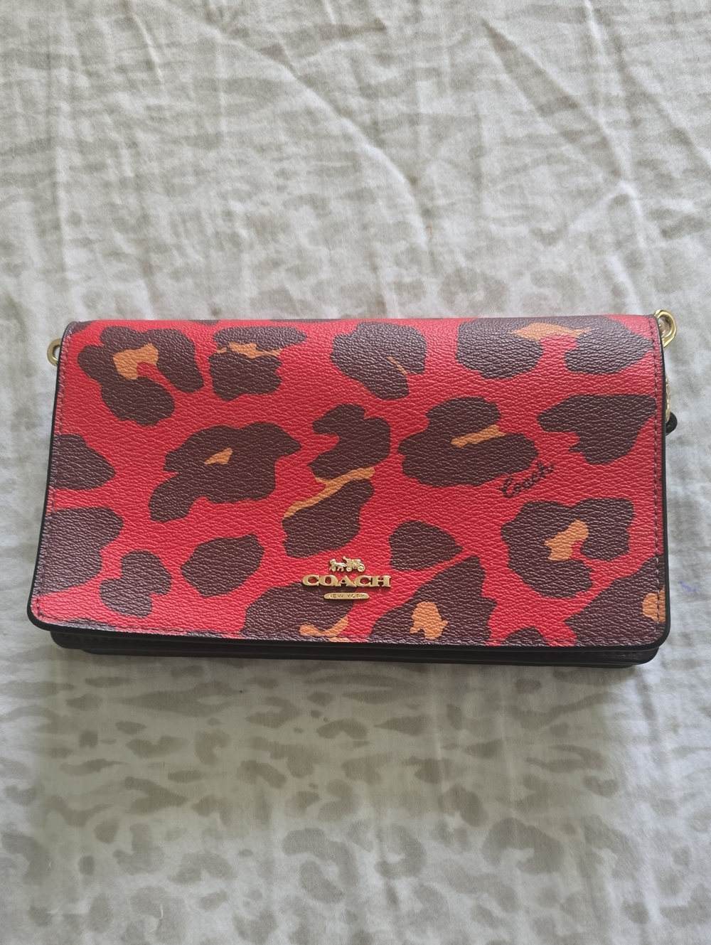 COACH Red Leopard Print Convertible Clutch with Gold Hardware